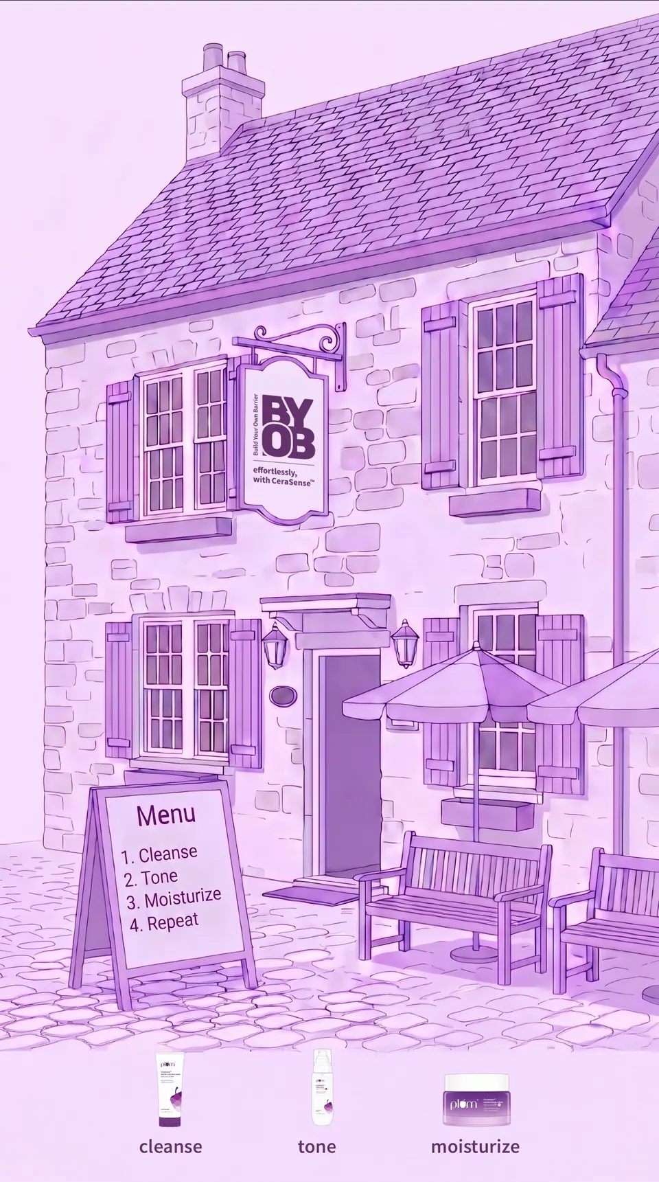 Illustrated BYOB Barrier Bar neighbourhood with Plum cleanse, treat, and moisturize products